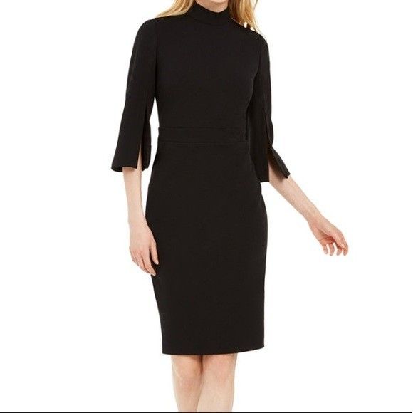 Calvin Klein Womens 12 Black Mock Neck Slit Sleeve Knee Length Dress Nwt Aj76